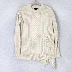 J Crew Sweater Womens XS Cream Chunky Cable Knit Fringe Fisherman Wool Blend